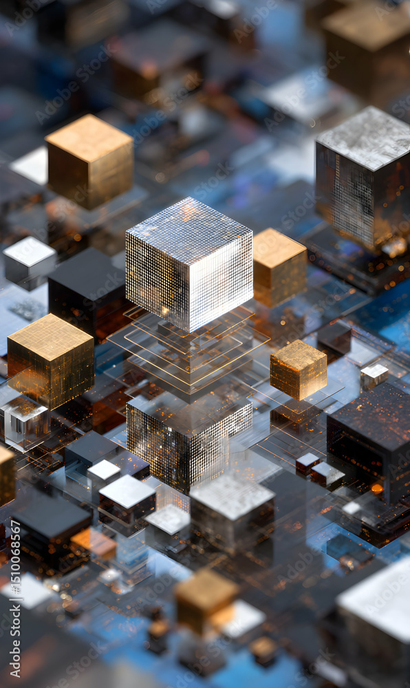 Poster abstract representation of interconnected data blocks forming a complex digital network landscape an