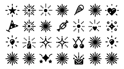 Vector illustration of hand drawn festive and celebration elements in a minimalist black and white style.