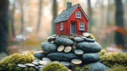 Miniature red house atop a stack of rocks and coins.