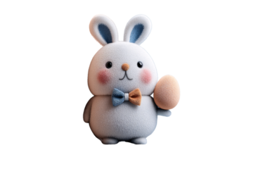 Cute white plush bunny with blue bow tie holding brown egg, rosy cheeks, isolated on a transparent background