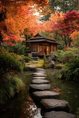 Serene Japanese Garden with Autumn Colors. High quality