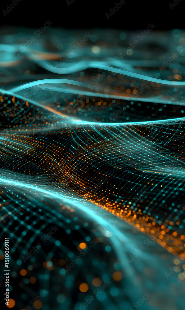 Poster abstract flowing data visualization with teal and orange lines creating a network of connectivity an