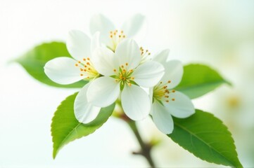 Obraz premium A close-up shot of a white flower with green leaves, perfect for use in editorial or commercial contexts