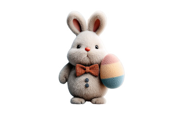 Gray stuffed rabbit wearing orange checkered bow tie holding colorful striped egg, isolated on a transparent background