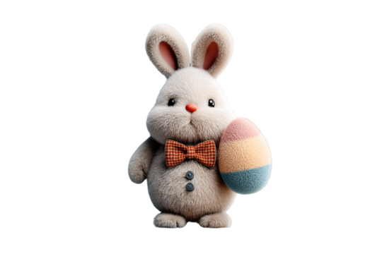 Gray stuffed rabbit wearing orange checkered bow tie holding colorful striped egg, isolated on a transparent background