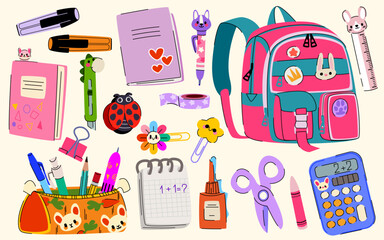 Cute school supplies sticker set. Colorful doodles stationery - backpack and calculator, notebook and pens, pencils and markers. Childish design educational tools for back to school projects