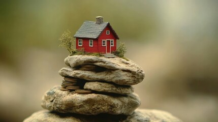 Miniature house atop a stack of rocks and coins.