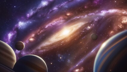 A vibrant spiral galaxy with numerous planets in deep space.