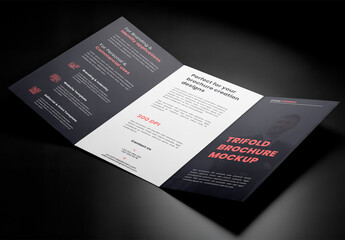 Tri-Fold Brochure Mockup with Shadows on Black Background
