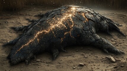 A charred, cracked object rests on the dusty ground.