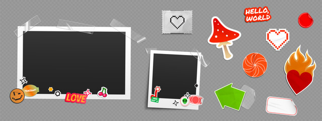 Y2k photo frames set with decorative sticker shapes, adhesive tape. Retro 90s aesthetic collection for scrapbooking or collage design. Blank instant photography borders ready for picture placement.