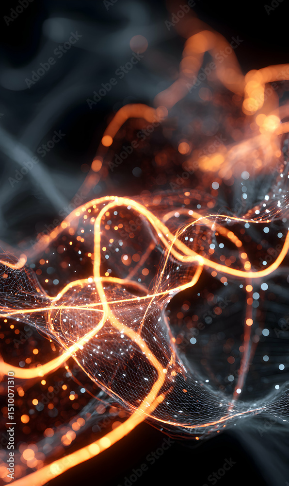 Poster abstract network communication concept with glowing lines and dots forming an intricate digital stru