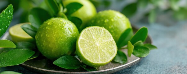 Fresh limes and leaves on a plate, showcasing vibrant green colors and textures.