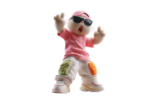 White character in pink cap, sunglasses, pink shirt, beige pants with colorful pockets, arms raised excitedly, isolated on a transparent background