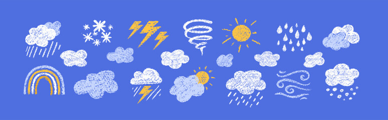 Fototapeta premium Crayon icons of weather, clouds and sun in sky. Doodle clouds with rain, lightning, snow, storm with chalk texture. Cute summer and winter weather icons drawn with crayon pencils, vector illustration