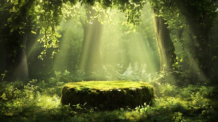 A forest clearing with a moss-covered dais and natural lighting