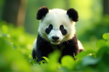 A panda bear sits peacefully in the grass, gazing directly into the camera