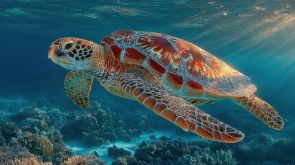 Fototapeta premium Majestic sea turtle gracefully glides through vibrant coral reef underwater world, showcasing intricate shell patterns in earthy reds and browns. Flippers extended, serene movement amidst bustling eco