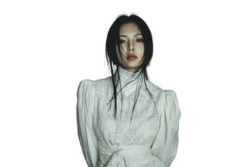 Woman with long dark hair wearing elegant white lace dress with high neckline, isolated on a transparent background
