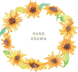 Obraz premium 水彩画。水彩タッチのひまわりイラスト。向日葵のベクター素材。夏のヒマワリフレーム。Watercolor painting. Sunflower illustration with watercolor touch. Sunflower vector material. Summer sunflower frame.