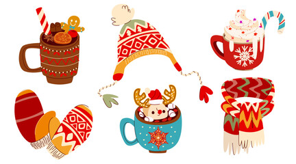 Christmas holiday drinks and clothes - hot chocolate with marshmallow reindeer, gingerbread spicy beverage, peppermint mocha topped with whipped cream and candy cane, knitted hat, scarf and gloves.