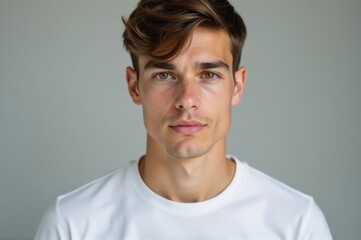 Obraz premium A person wearing a white t-shirt looks straight into the lens
