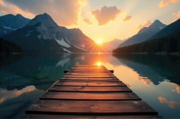 Obraz premium A serene scene of a wooden dock stretching out into a lake, surrounded by majestic mountains