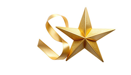Obraz premium Gold star-shaped ribbon isolated on solid white background in Png