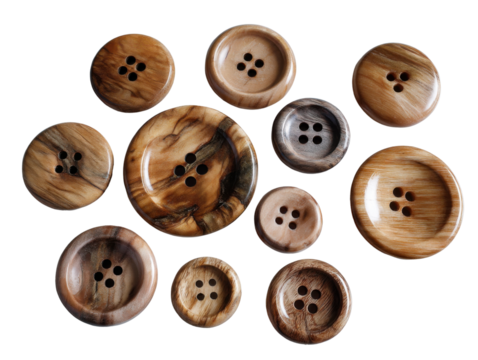 Wooden Buttons Collection:A collection of wooden buttons with a marble-like appearance and multiple holes, arranged on surface, perfect for adding a touch of organic charm to any design.