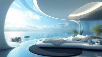 Fototapeta premium Modern bedroom with panoramic sea view