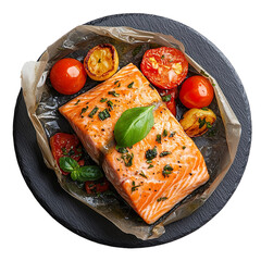 Top view of a delicious looking Salmon en Papillote with Vegetables on a dark slate plate isolated on a white transparent background
