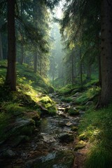 Obraz premium Serene Green Forest Stream Sunlight Path. High quality
