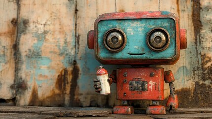 Colorful Retro Robot with Can in Front of Vintage Wooden Background