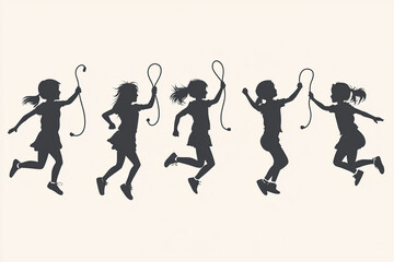 Kids jumping rope silhouettes set