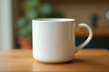 A single white coffee cup placed on top of a wooden table, perfect for use in still life photography or as a prop for food and beverage images