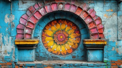 Colorful Wall Mural with Floral Design and Blue Texture Background
