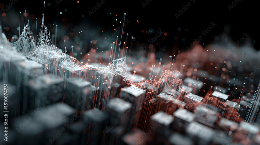 Poster abstract data visualization showcasing complex networks and the flow of information in digital space