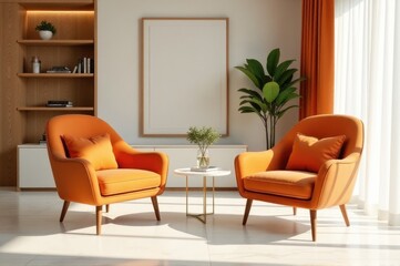 Two orange chairs and a coffee table in a cozy living room setting