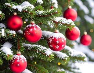 Christmas tree adorned with red ornaments and snow