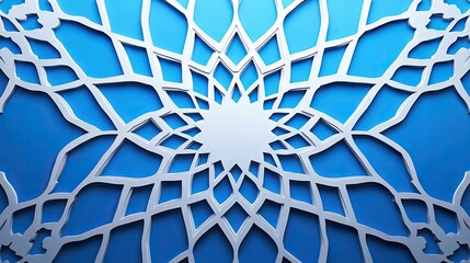 Intricate, symmetrical pattern of silver cutouts on a vivid blue background.