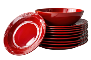 Red Dinnerware Set: Elegant red ceramic dinnerware set, including plates and bowls, perfect for a formal or casual dinner setting.  The rich color and subtle design add a touch of sophistication.