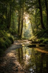 Obraz premium Serene Green Forest Stream Sunlight Path. High quality