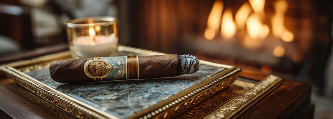 Luxury cigar on a golden tray beside a marble fireplace with soft lighting