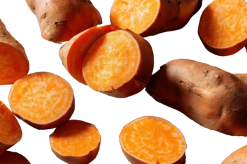 Sweet Potato Feast: Close-up shot of multiple sweet potatoes, some cut open to reveal the vibrant orange flesh. A feast for the eyes, showcasing the beauty of fresh produce.