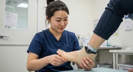 Prosthetics Care:  A Doctor Carefully Adjusts a Patient's Prosthetic Foot