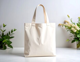 Cream canvas tote bag on marble surface