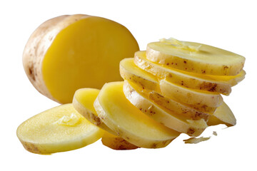 Fresh Potato Slices: The image is showcasing freshly sliced potatoes, a popular ingredient in various cuisines. The photograph offers a detailed look at the textures and colors of the potato.