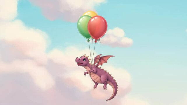 Dragon flying on balloons pastel clouds