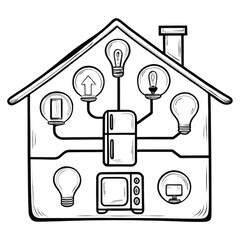 A house outline containing interconnected appliances, light bulbs, and electrical symbols representing home electricity and energy flow.