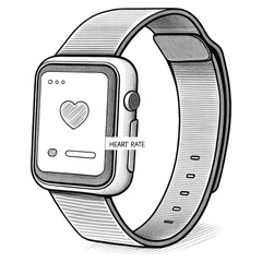 A digital smartwatch displaying a heart icon and heart rate, featuring a sleek rectangular design and adjustable strap.